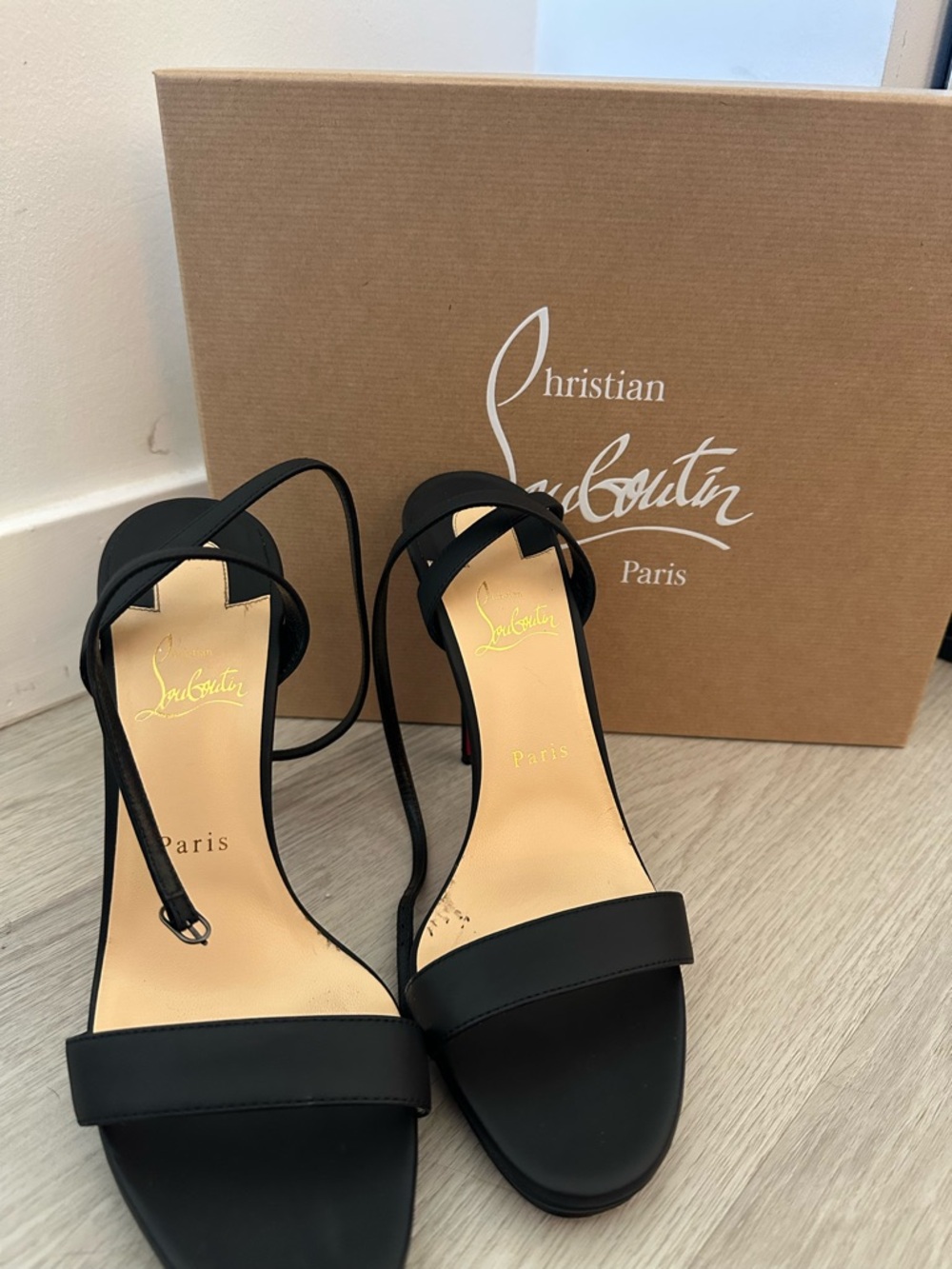 Christian Louboutin Black Leather Red Sole High Heel Sandals - Picture 6 of 6